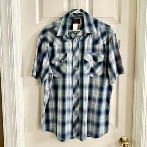 Vintage Rustler by Wrangler Mens Blue Plaid Pearl Snap Lurex Western Shirt